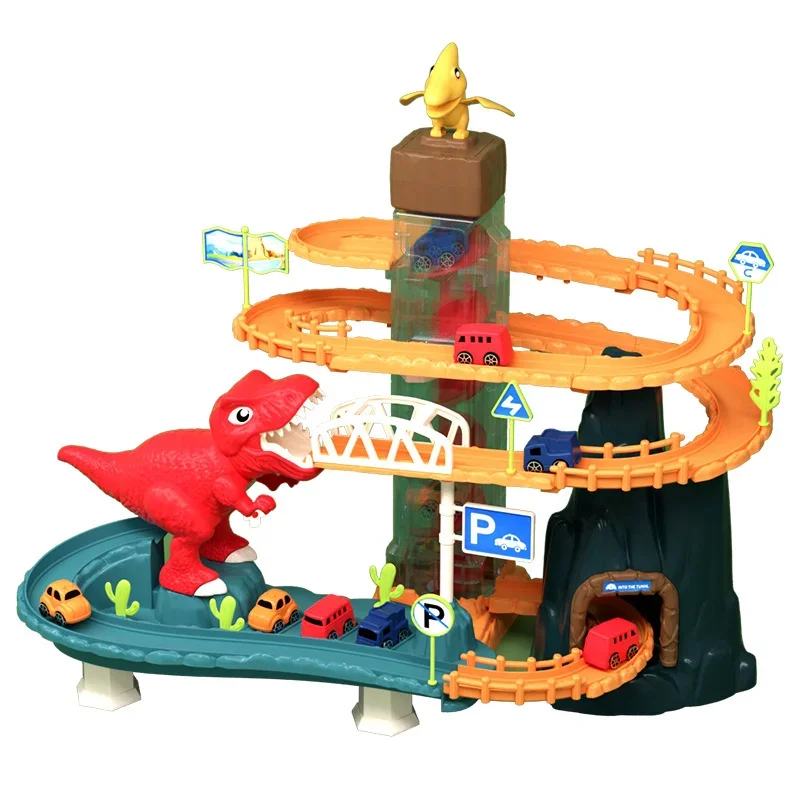 Carro ferroviario con dinosauro, trenino, grande avventura, parcheggio auto, giocattolo per bambini, 3 anni, 4 anni, educativo
