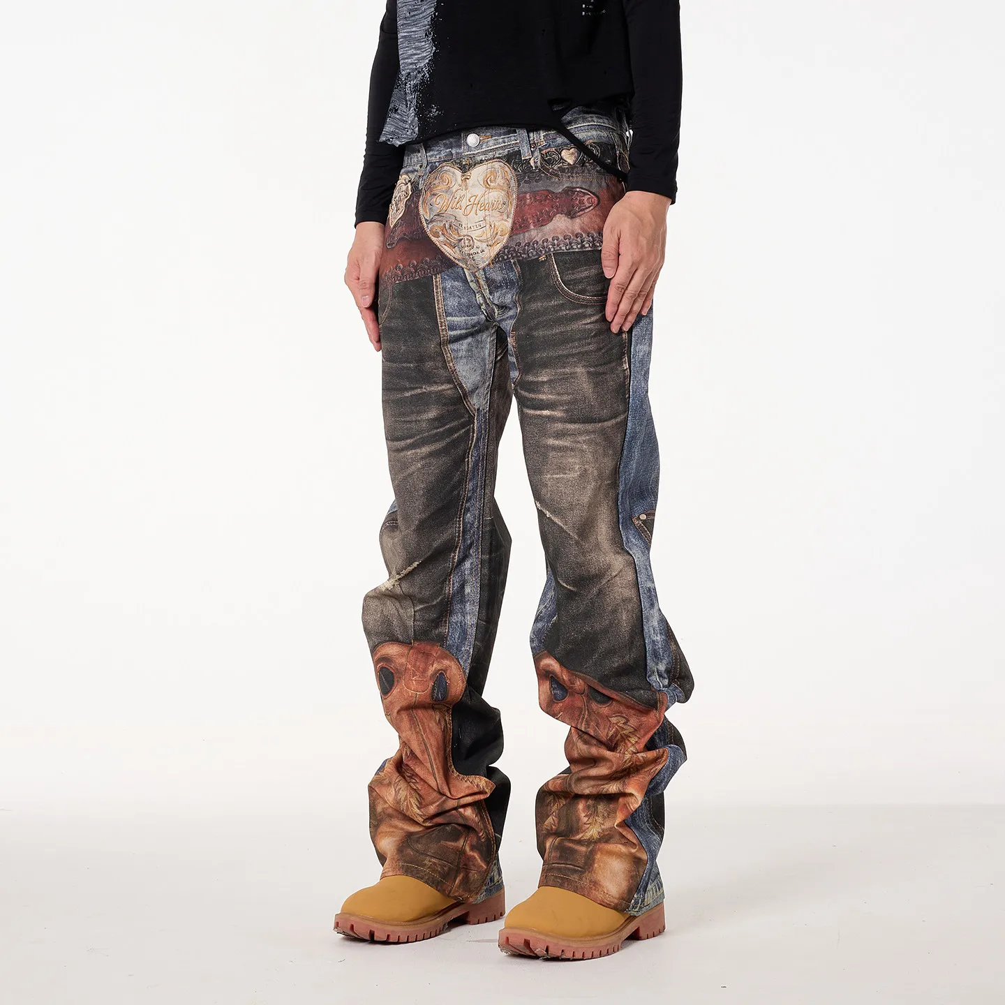 Fashion American Retro Digital Printing Western Denim Breeches Distressed Straight Jeans