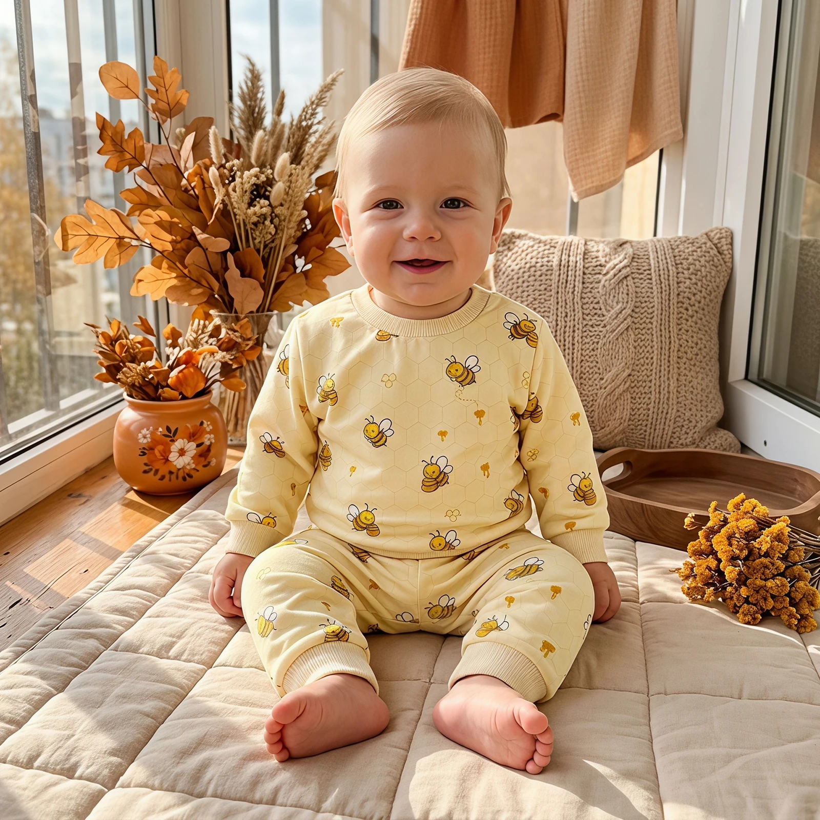 Baby Fall Outfit Bee Print Long Sleeve Crew Neck Sweatshirt with Pants