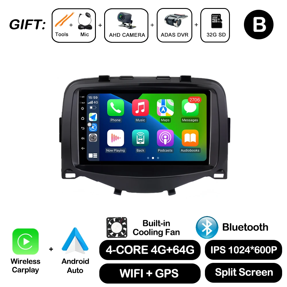 7 Inch Voor Toyota Aygo Peugeot 108 Citroen C1 2016-2020 Autoradio Autoradio Multimedia Speler Carplay 4G + Wifi Bt Dsp Stereo