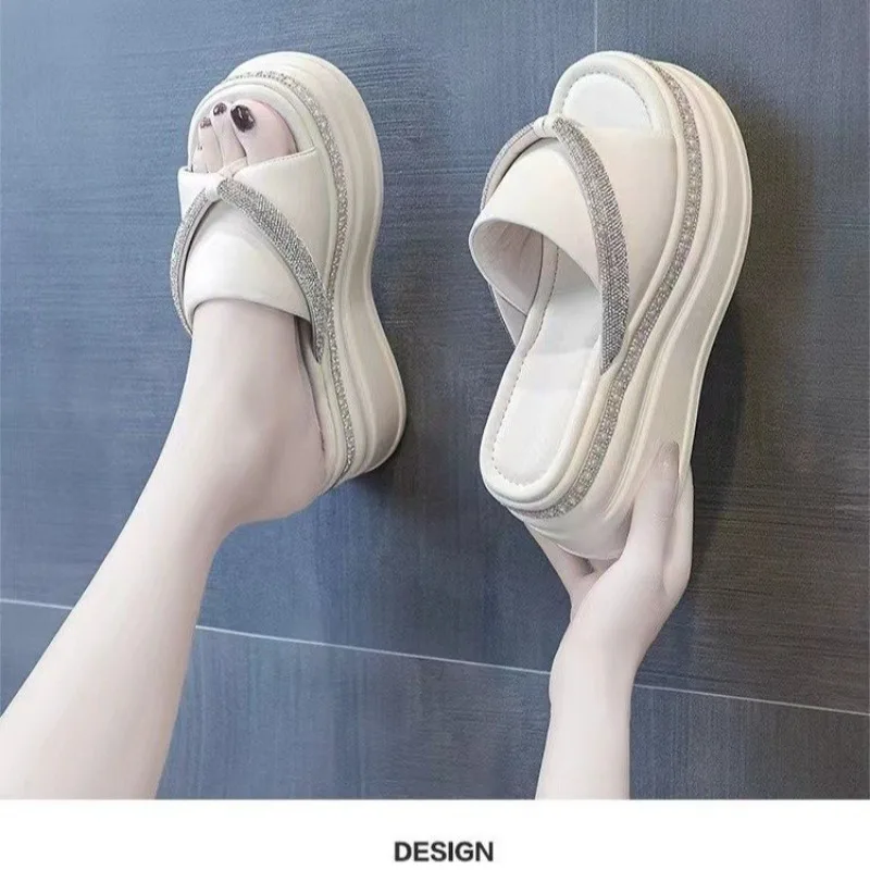 High Heels Crystal Slippers Women Platform Casual Shoes New Walking Fashion Sandals 2024 Summer Beach Flip Flops Female Slides