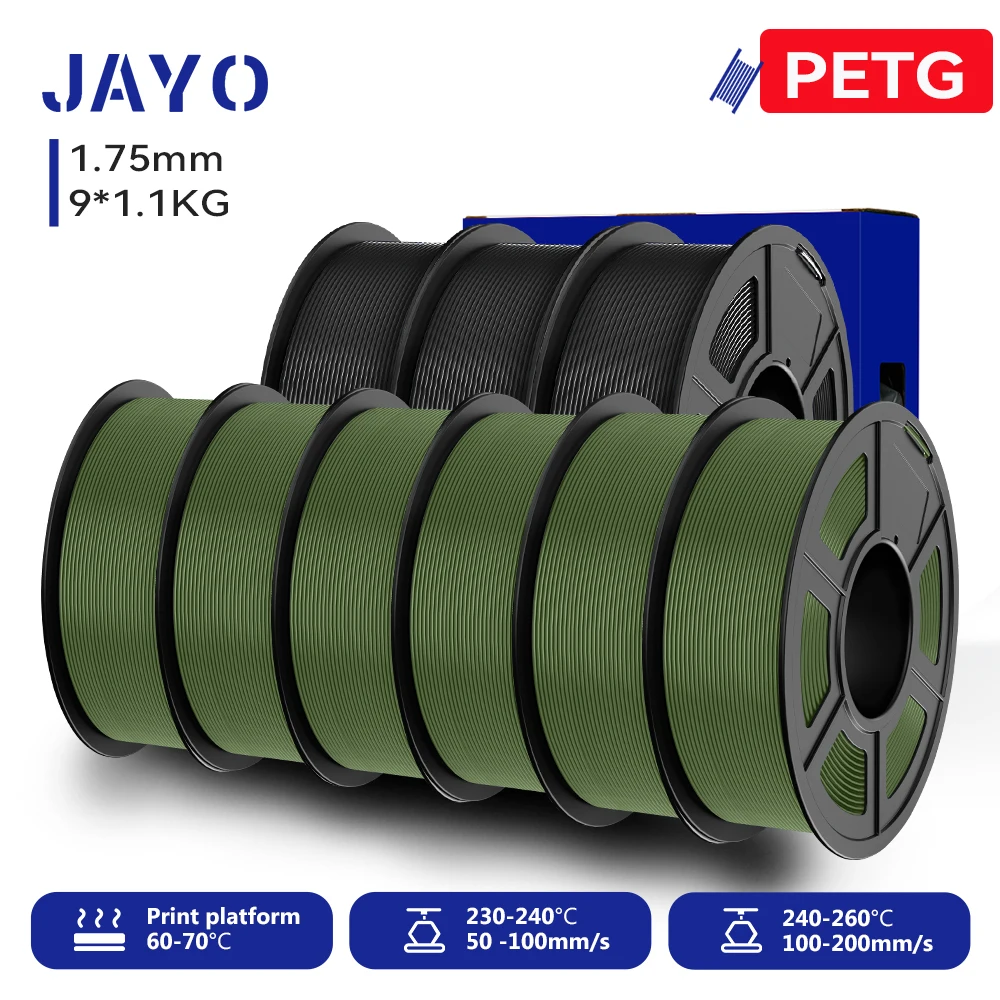 JAYO 9 Rollen 3D PETG/PETG Klares Druckerfilament 1,75 mm ±0,02 mm Hohe Zähigkeit & 100 % ordentlich gewickeltes Filament, passend für 99 % der 3D-FDM-Drucker