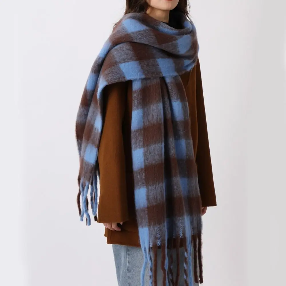 

Simple Mohair Plaid Wool Scarf Tassel Thicken Winter Cashmere Scarves Warm Korean Style Long Shawl Girl