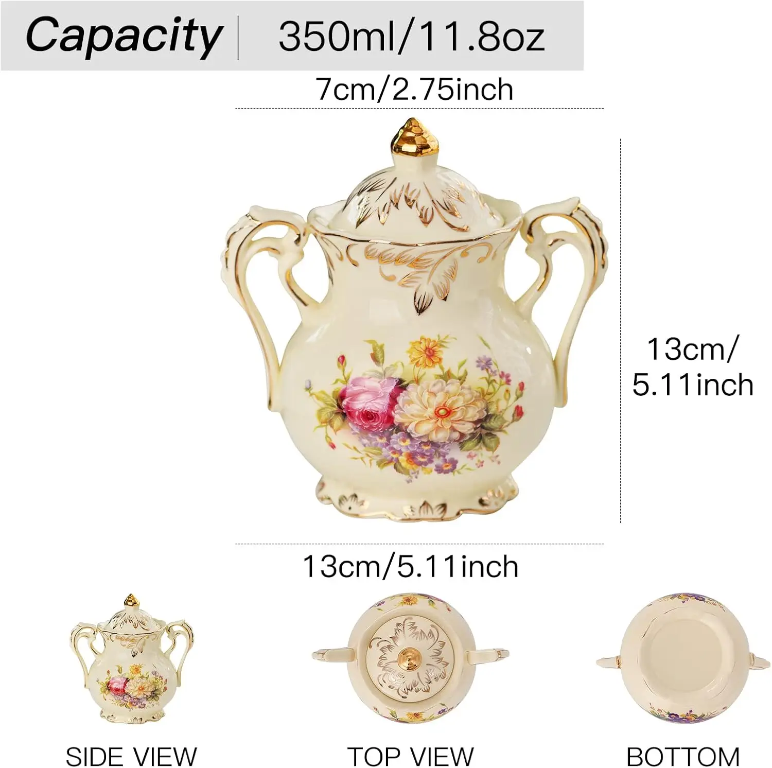 Ceramic Creamer and Sugar Set, Ivory Porcelain Flower and Gold Leaves Edge,Vintage Floral Milk Jug and Sugar Bowl