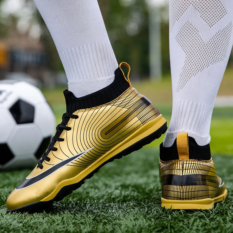 Zapatos de fútbol dorados para hombres y niños, botas de entrenamiento de fútbol, tacos de fútbol de césped al aire libre, zapatos de fútbol