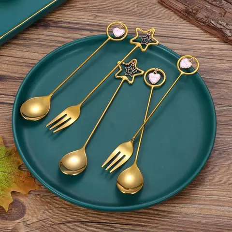 A Set Stainless Steel Christmas Party Spoon Creative Exquisite Spoon Fork Set Gold Silver Coffee Tea Spoon Christmas Party