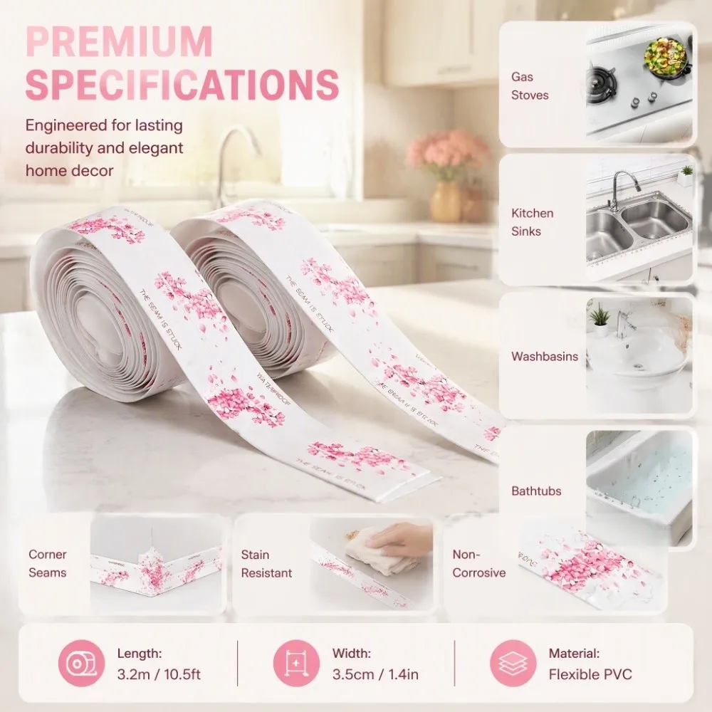 2pcs Waterproof Self Adhesive Waterproof Tape PVC 3 Meter Caulking Strip Beautiful Patterns Sealing Tape Kitchen