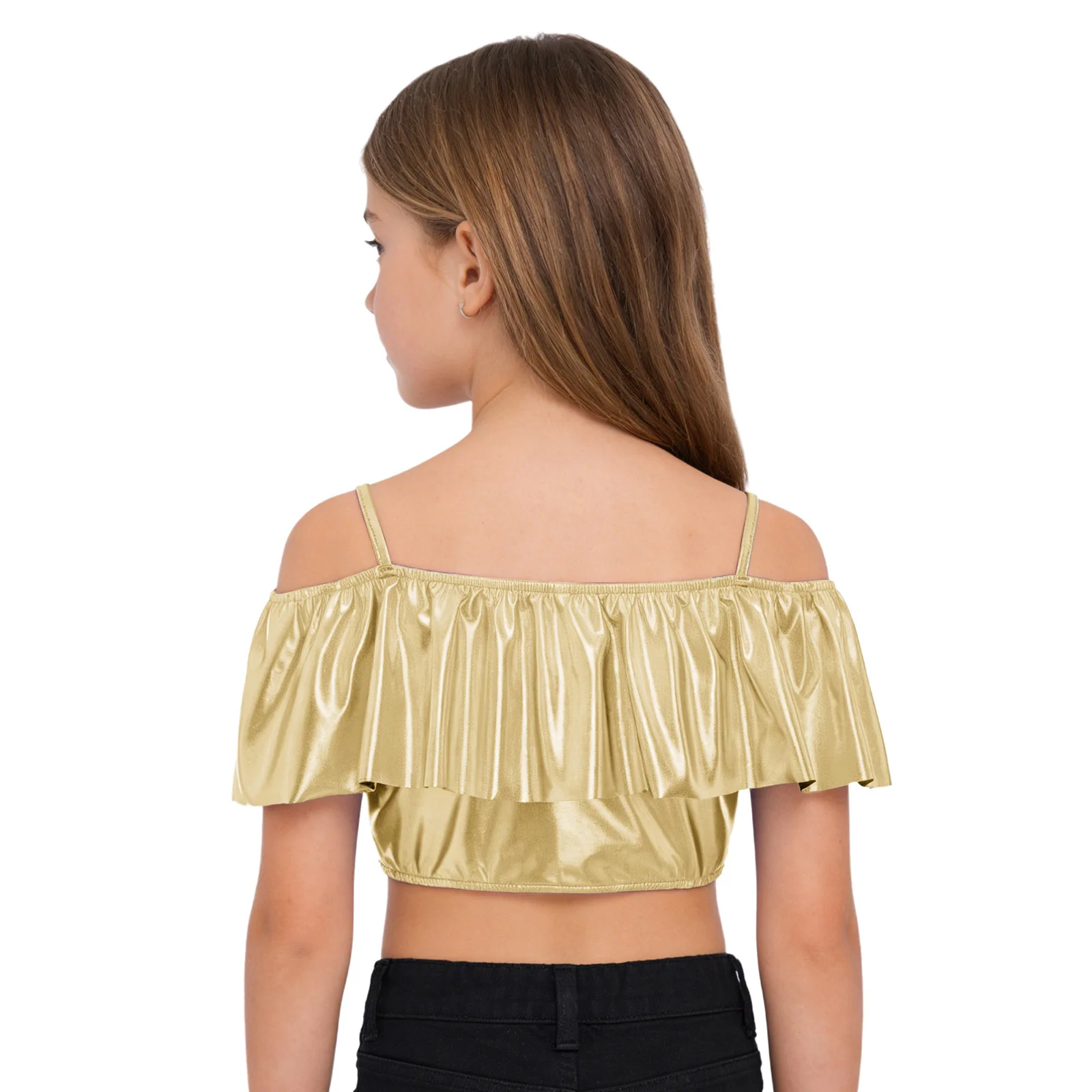 Kids Girls Metallic Jazz Dance Crop Top Off Shoulder Spaghetti Straps Ruffles Tops for Hip Hop Dancing Cheerleading Performance