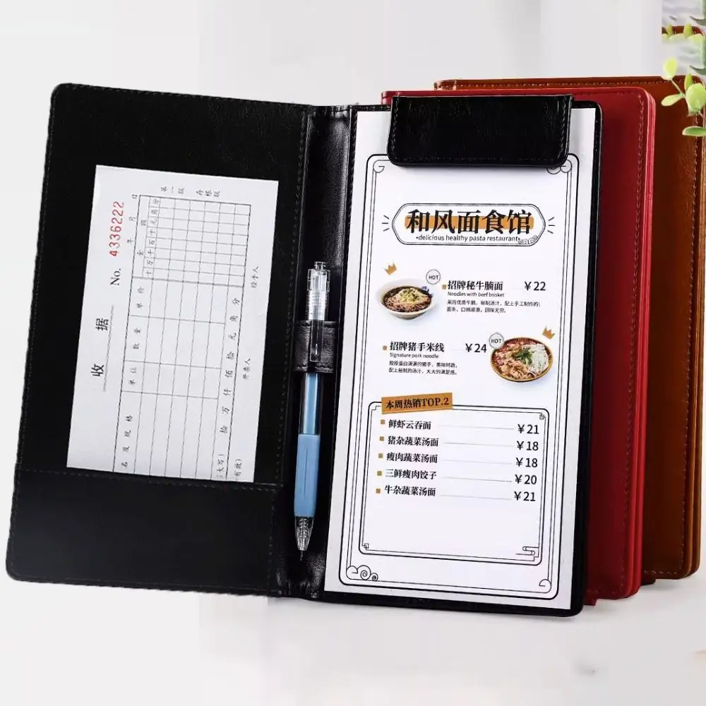 PU Leather A6 File Folder With Pen Insert Waterproof Business Meeting Contract Clamp Storage Slot Clipboard Document Clip