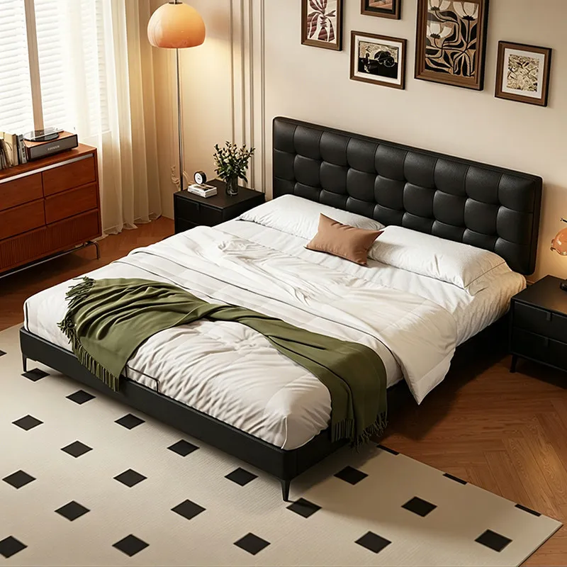 Italian Minimalist Waffle Thin Bedhead Leather Twin Bed For Small Apartments With High Storage Box Home Bedroom Decor Furnish
