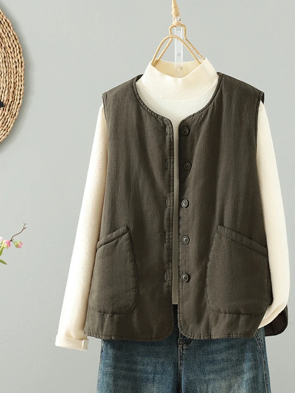 Thickened Casual Cotton Linen Vest Women's Autumn Winter Season Versatile Sleeveless Single Button Shoulder Coat Warmth City ...