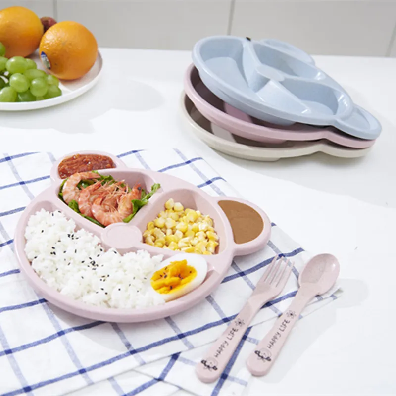 

Cartoon children's dinner plate spoon fork wheat straw eating baby feeding training kindergarten fall resistance tableware set