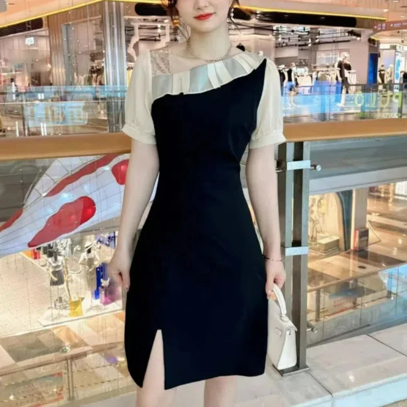 

Summer New Simple Girl Style Fashion Fake Two Piece Dress Women's Skew Collar Panelled Patchwork Split Slim A-line Dresses 2024