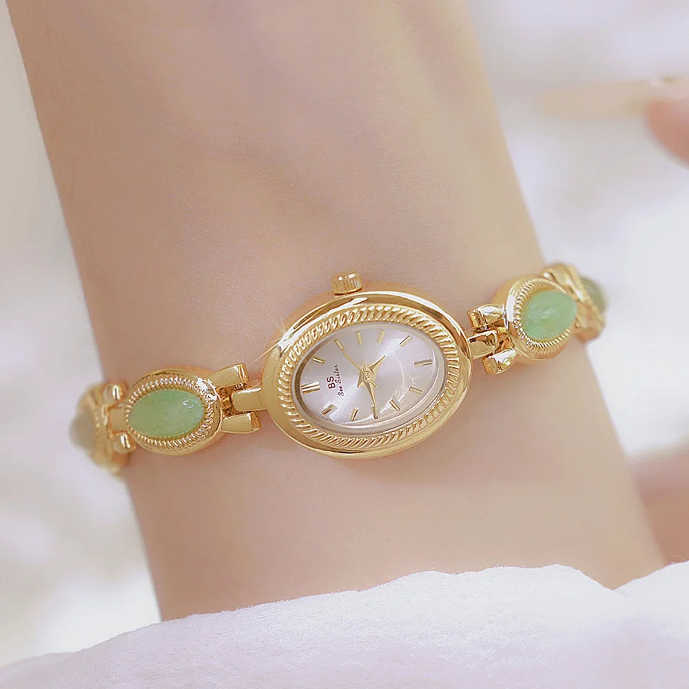 

Vintage Women’s Quartz Watch Elegant Gold Jade Bracelet Fashion Ladies Dress Wristwatch High Quality Gift 2025 New