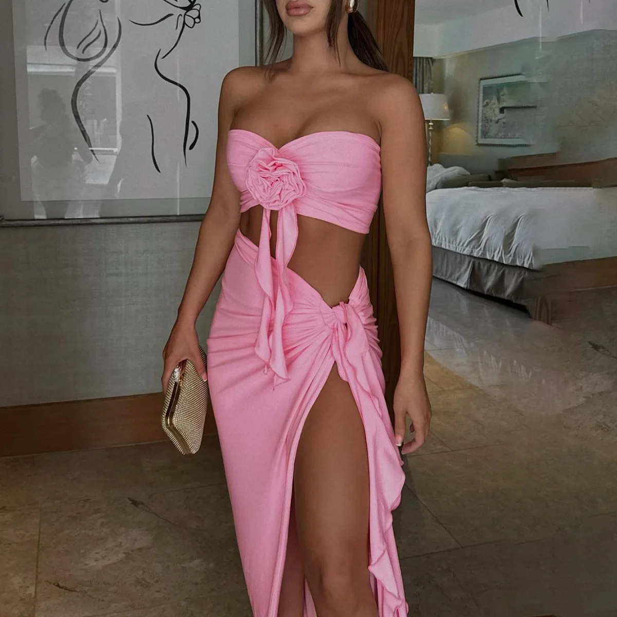 Sexy Strapless Bodycon Ruched Split Tie Matching Set Summer Jumpsuit Playsuit