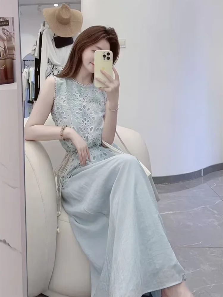 

Потрясающий синий летний наряд, комплект из двух предметов, корейский топ с открытыми рукавами и юбкой f Faionable And Ele