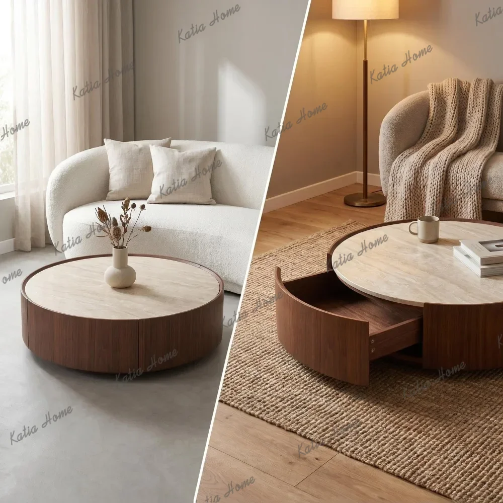 LSRound Coffee Table, with A Sintered Stone Top Featuring Inlaid Details and Natural Walnut Veneer, Incorporating Storage Space