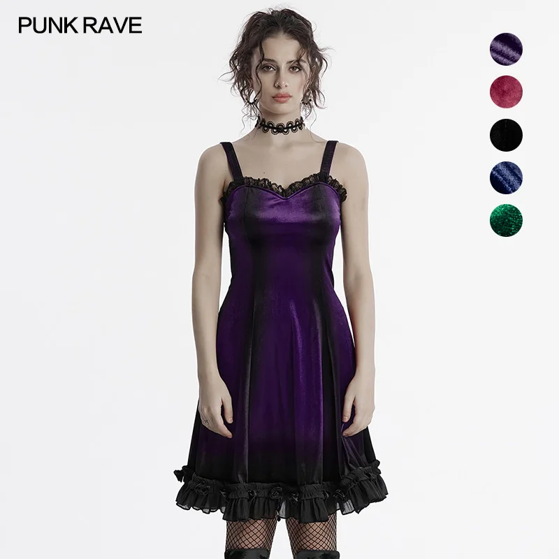 PUNK RAVE Women's Gothic Collected Waist Gradient Printed Dress A-line Ruffled Lace Playful Look Club Party Sexy Dresses