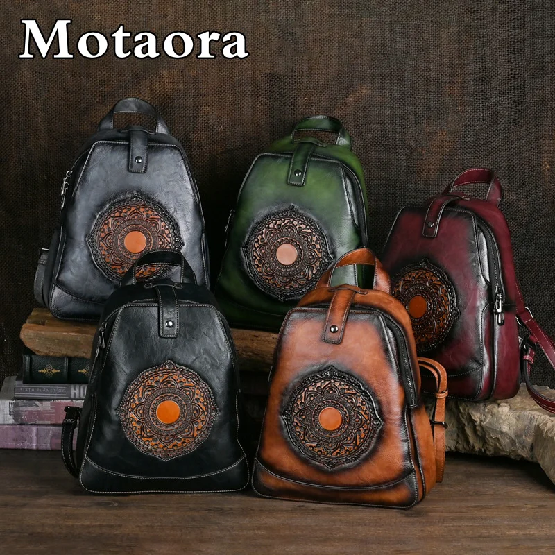 MOTAORA Vintage Large Capacity Backpack For School Teenagers Girls Women Leather Bag 2024 New Totem Embossed Travel Backpacks