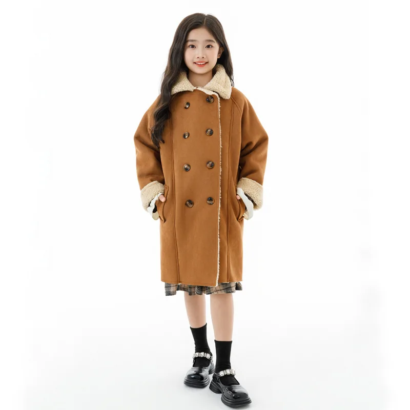 

2025 Детские зимние полушерстяные пальто, флисовое пальто, длинные куртки для девочек-подростков, теплая верхняя одежда, плотная куртка для детей 4, 8, 10, 12 лет, верблюжий цвет