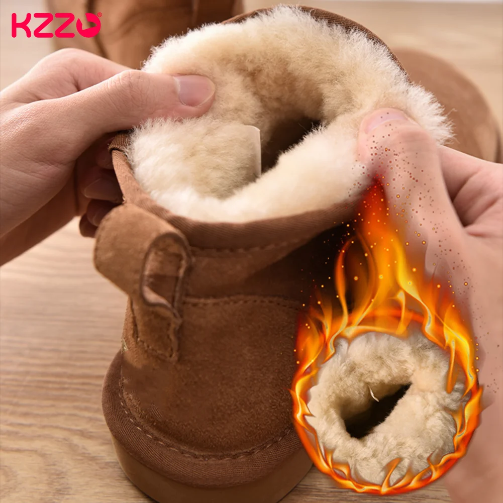 KZZO New Women Australia Sheepskin Leather Short Snow Boots Natural Wool Fur Lined Fashion Ankle Winter Warm Shoes Non-slip