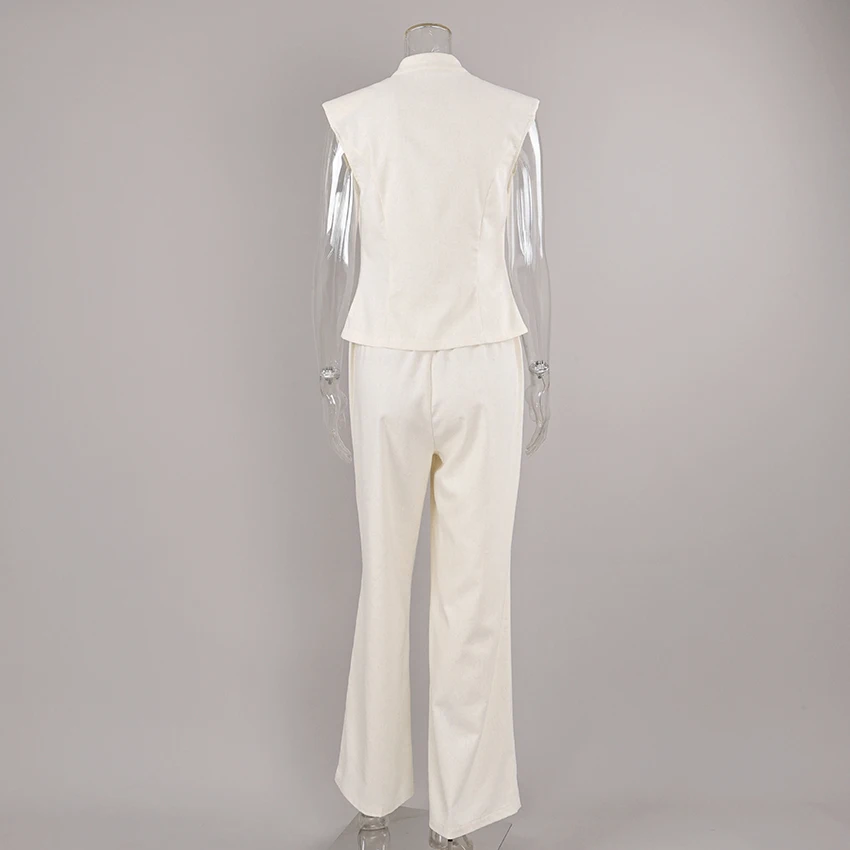 Khaki Cotton Linen High Waist Pants and Vest Set