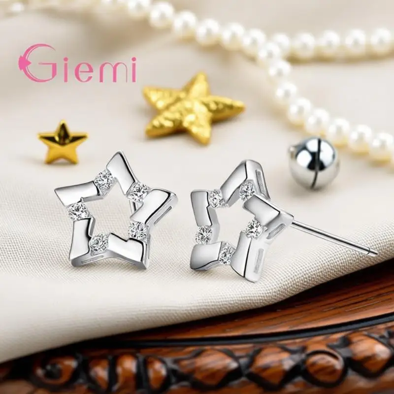Exquisite 925 Sterling Silver Five-Pointed Star Crystal Zircon Stud Earrings For Women Girls Engagement Party Jewelry Gifts