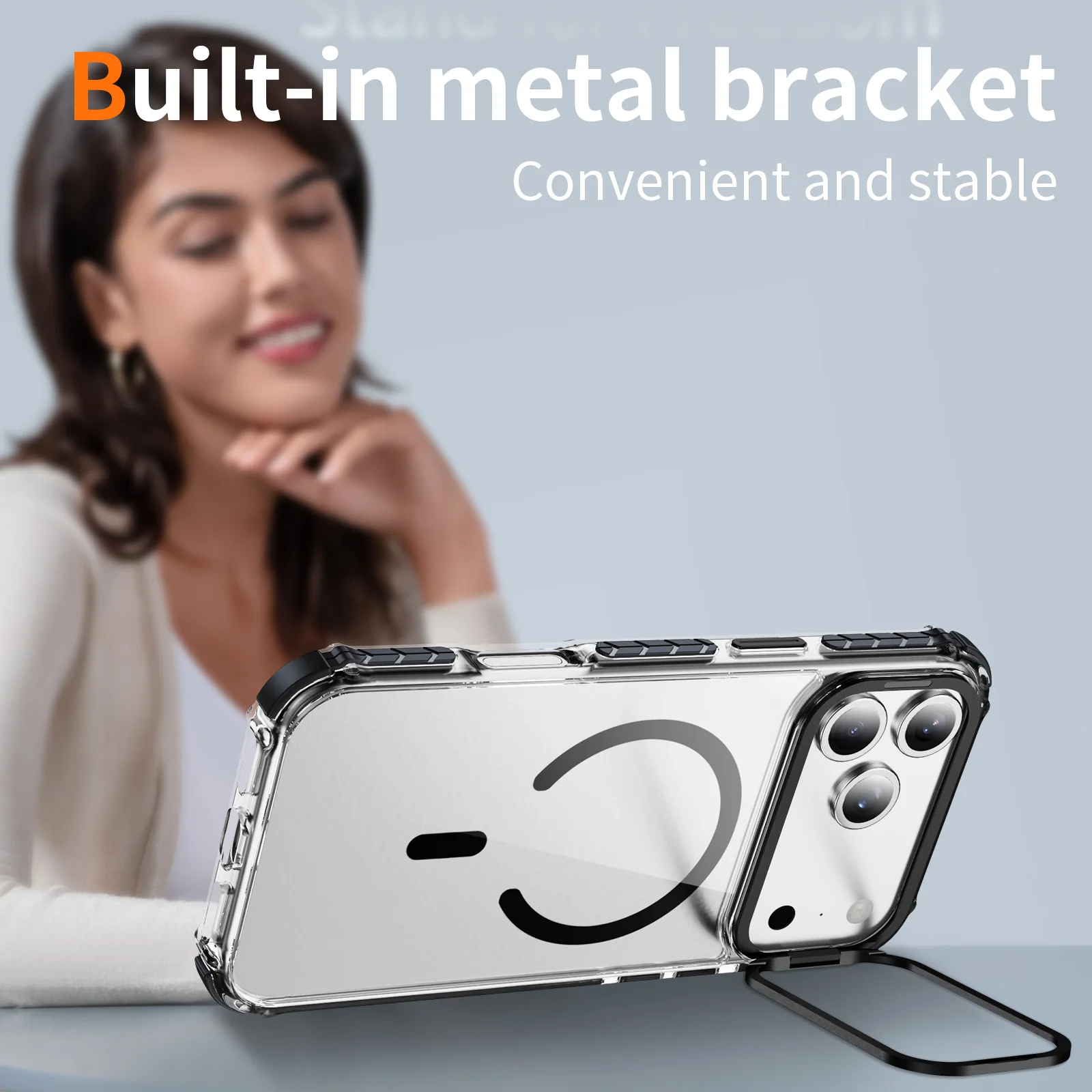 Built‑in Metal Kickstand for Apple iPhone 18 17 16 15 14 13 12 Pro Max Air 17e 16e Cases Crystal Clear Magnetic Shockproof Cover