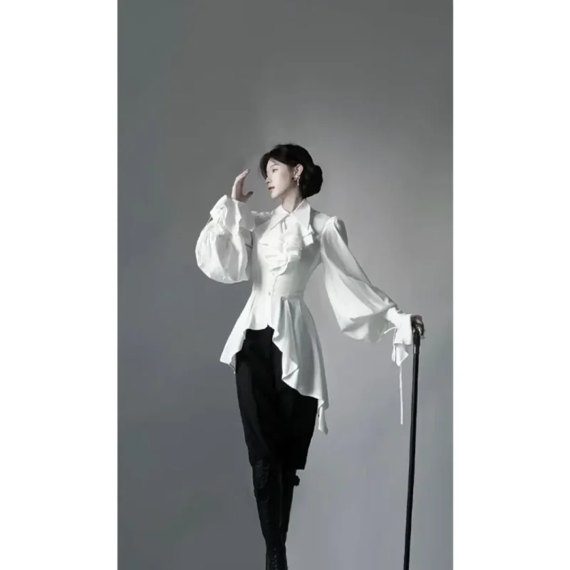 Lolita Gothic Long Sleeve Shirt Women Elegant Simple White All-match  Blouses 2025 Early Autumn New Slim Fit Blusas Mujer