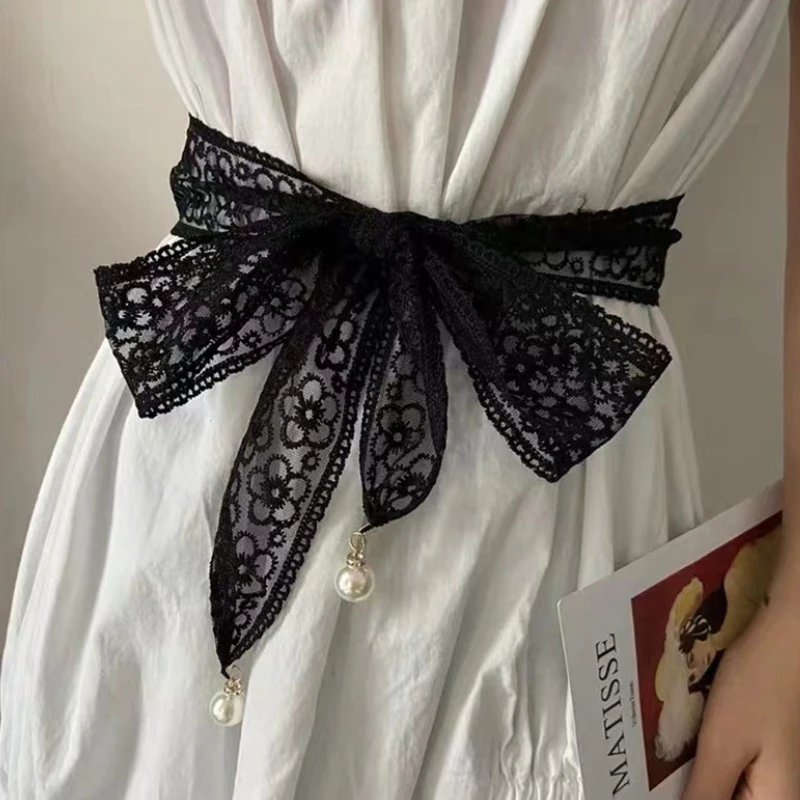 Nuevo cinturón de nudo de encaje de estilo coreano exquisito dulce con colgante de perla cinta larga bufanda falda chaqueta decoración cadena de cintura