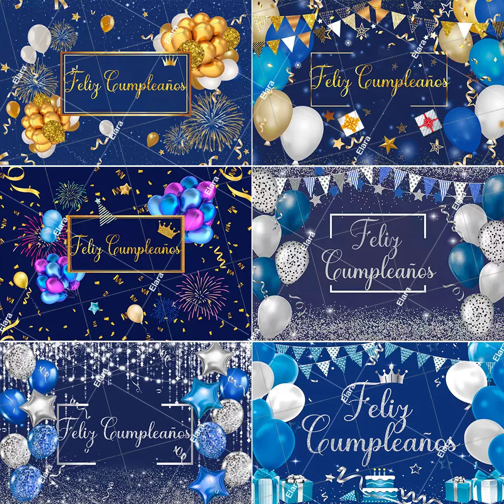 

Feliz Cumpleaños Theme Kid's Birthday Party Decor Blue Gold Balloon Photography Backdrop Baby Shower Custom Poster Photo Studio