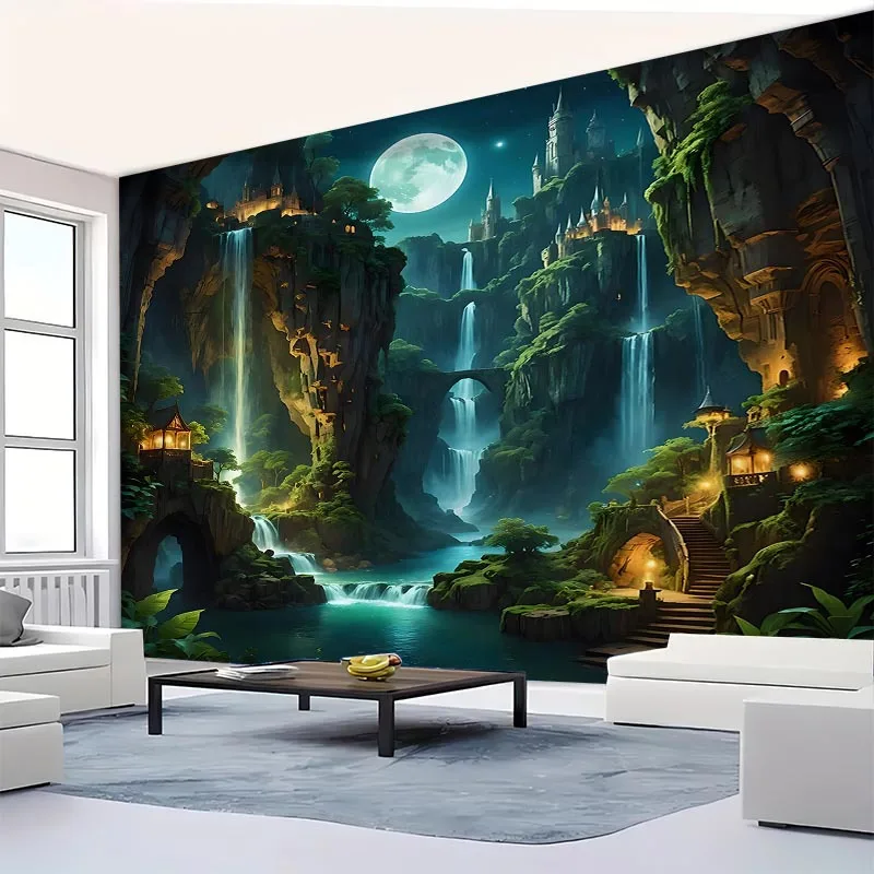 Fantasy Castle Tapestry, Waterfall Cliffs and Moonlit Sky, Magical Landscape Wall Hanging for Living Room Bedroom Decor