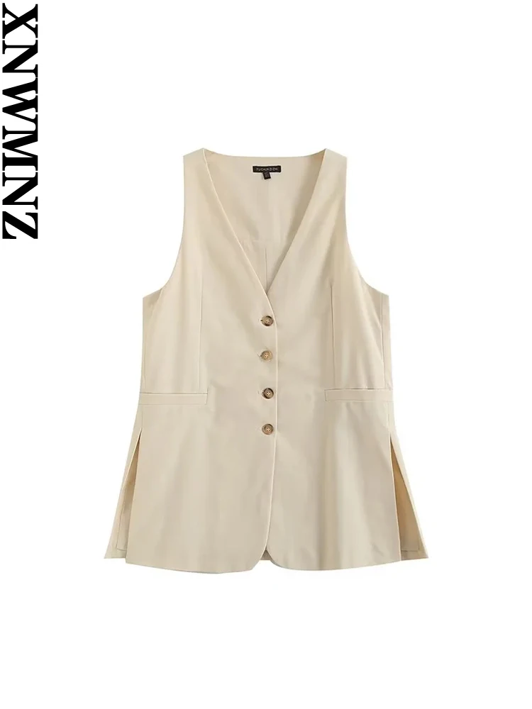 

XNWMNZ Women's Fashion 2023 Linen Blend Side Split Waistcoat or High Waist Zipper Pants Office Lady Chic Female Two Piece Set