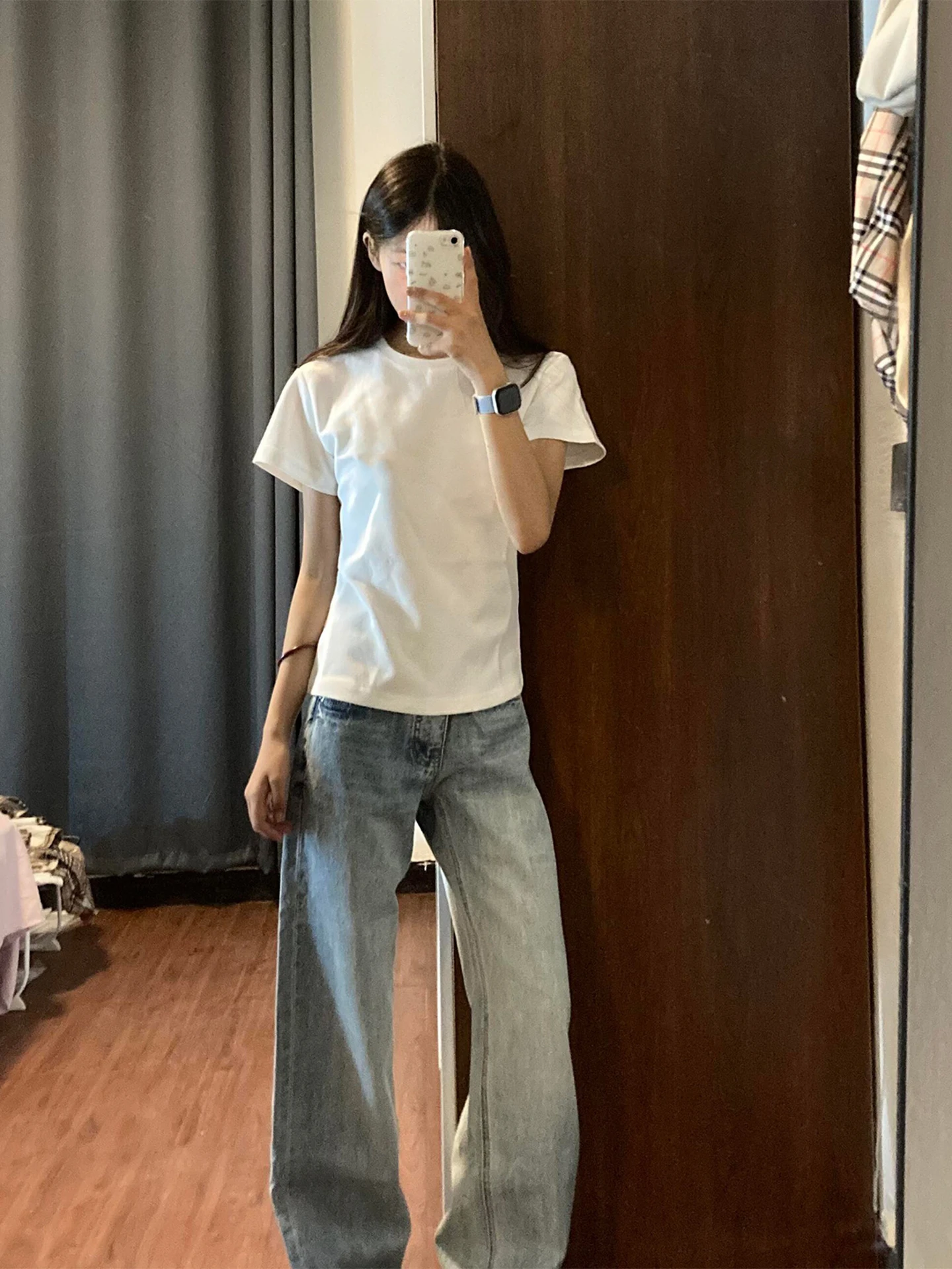 

Unique Ultra Cute Shoulder Short Sleeve Women's T-shirt Slim Fit White Top Korean Style Commute Soft Material round Neck