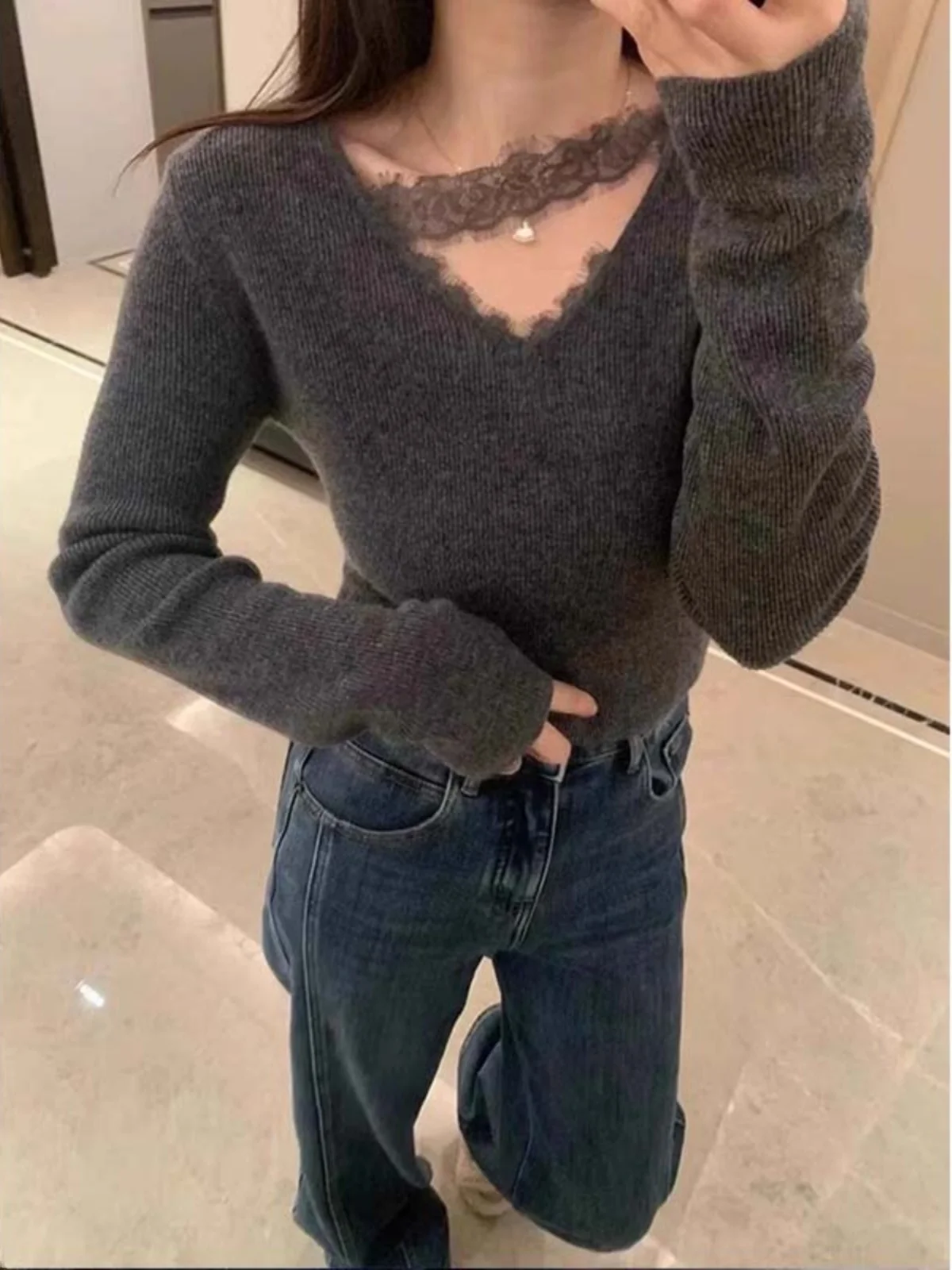 

Korean Sle ort Lace V-Ne Knitwear Women's Autumn Winter Slim Fit Base irt Pure Color Ele Inner Wear Sweater