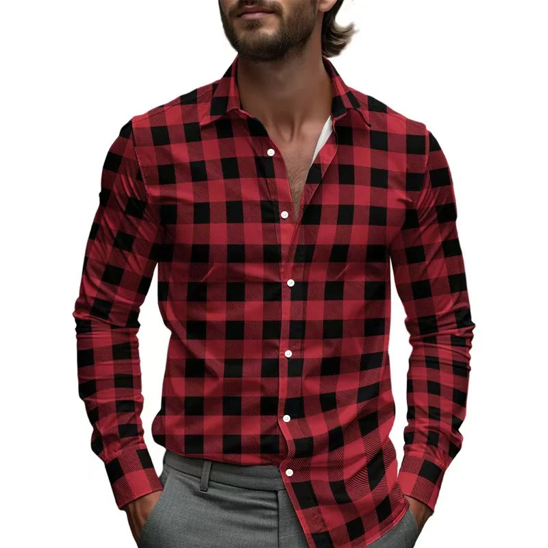 Business shirt line plaid stripes men's printed shirt four seasons single-breasted lapel long-sleeved shirt 2025 Hawaiian shirt
