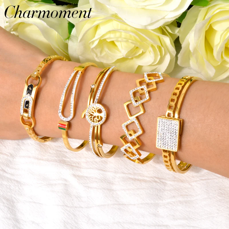 

CHARMOMENT Stainless Steel Bracelets Eyes Pearl Snake Design Punk Men Bangle Gold Color Geometric Hand Chain Birthday Party Gift