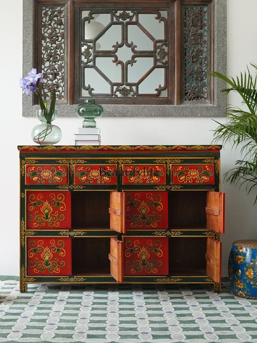 Solid wood painted storage cabinet hand-painted Tibetan elm large-capacity porch decorative locker