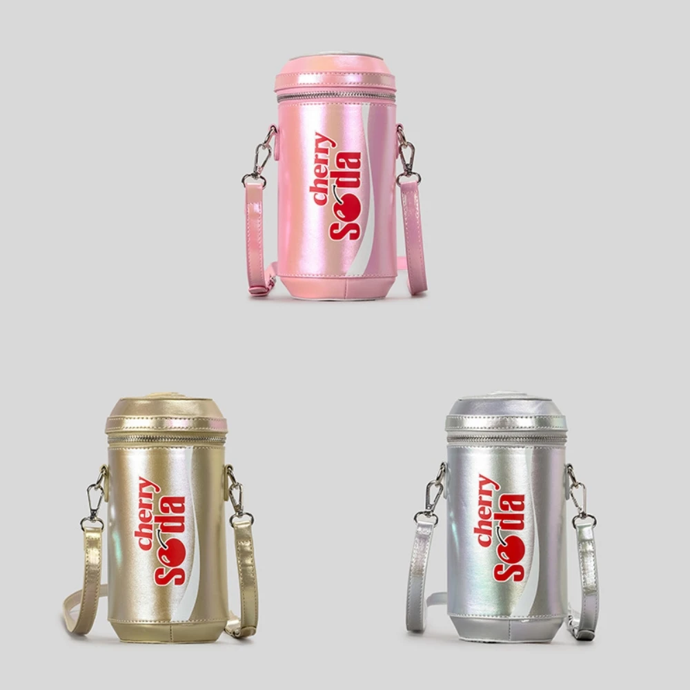 

Women's Cute Cartoon Cherry Printed Soda Can Shaped Shoulder Bag Ladies PU Crossbody Bag Adult Girls Cylindrical Handbag