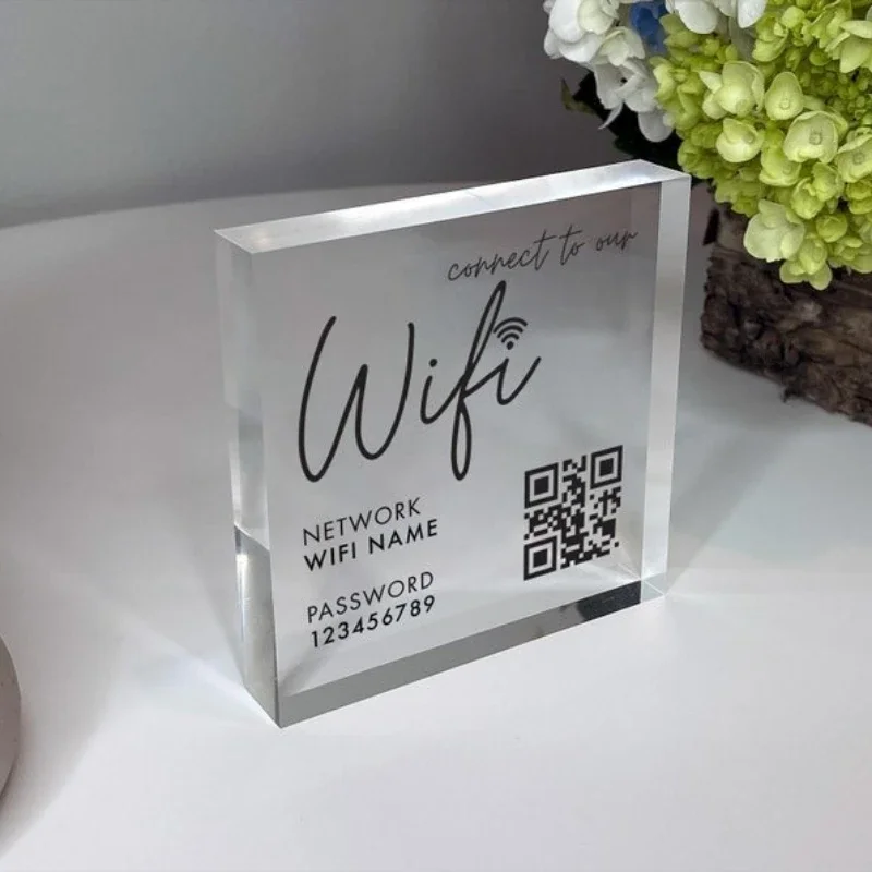 Custom Logo Clear WiFi Code Block, WiFi Acrylic Block with Network Name Password, Custom Social Media Sign, Scan to Connect WiFi