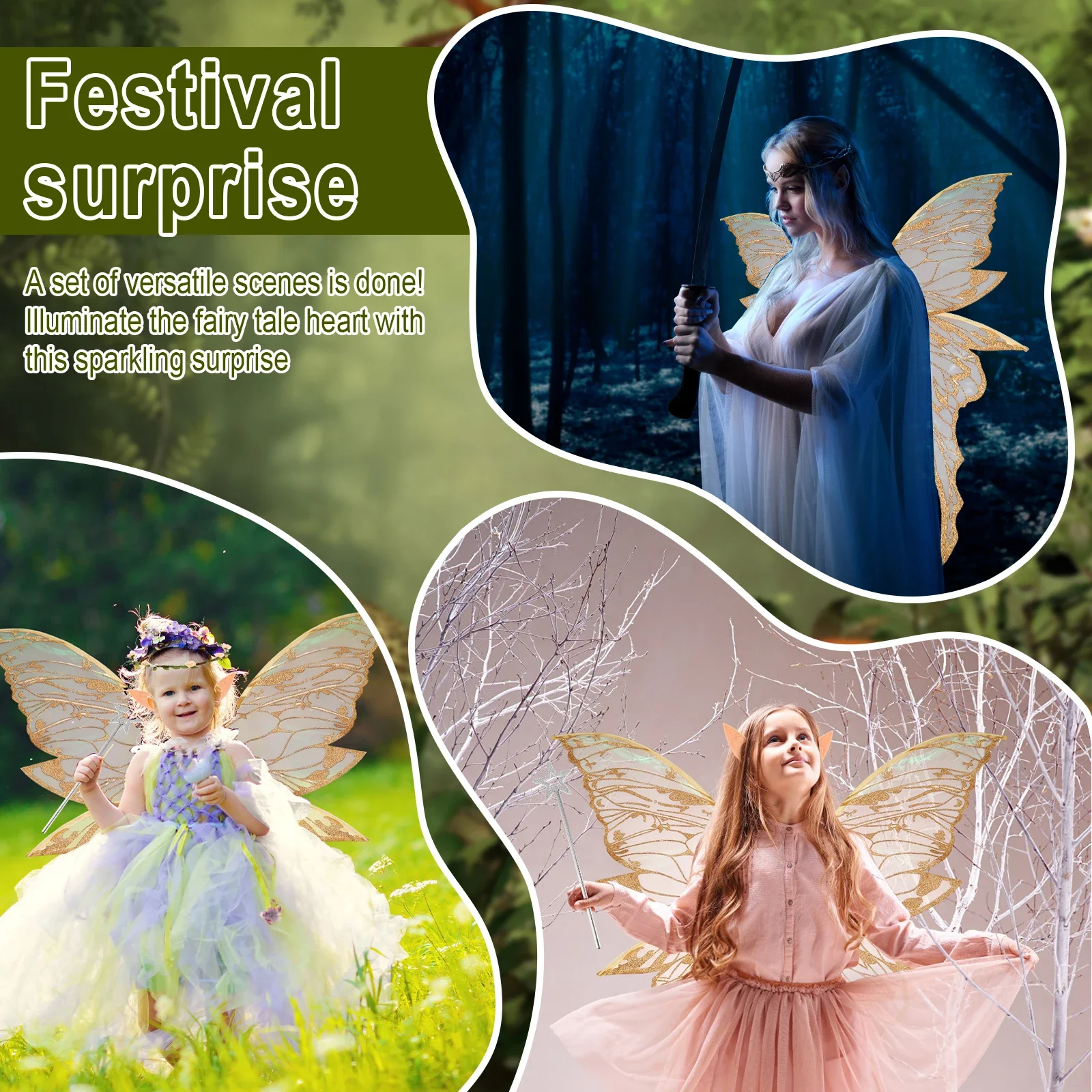 4-teiliges Set Schmetterlingsflügel-Umhang für Kinder, Mädchen-Feen-Schleier, Pixie-Umhang, Fantasievolles Grünes Kleid, Kostüm-Geschenke, Party-Halloween-DIY-Dekorationen