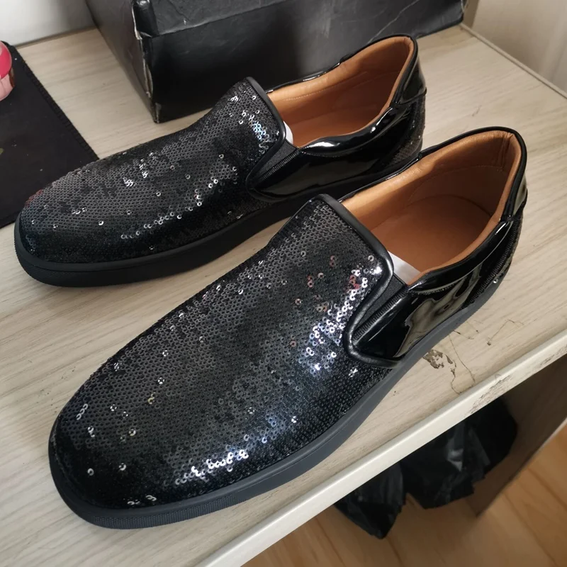 LOUBUTEN Black Mens Sequin Shoes Luxury Fashion Glitter Loafers Handmade Slip On Men's Casual Shoes Red Bottom Flats