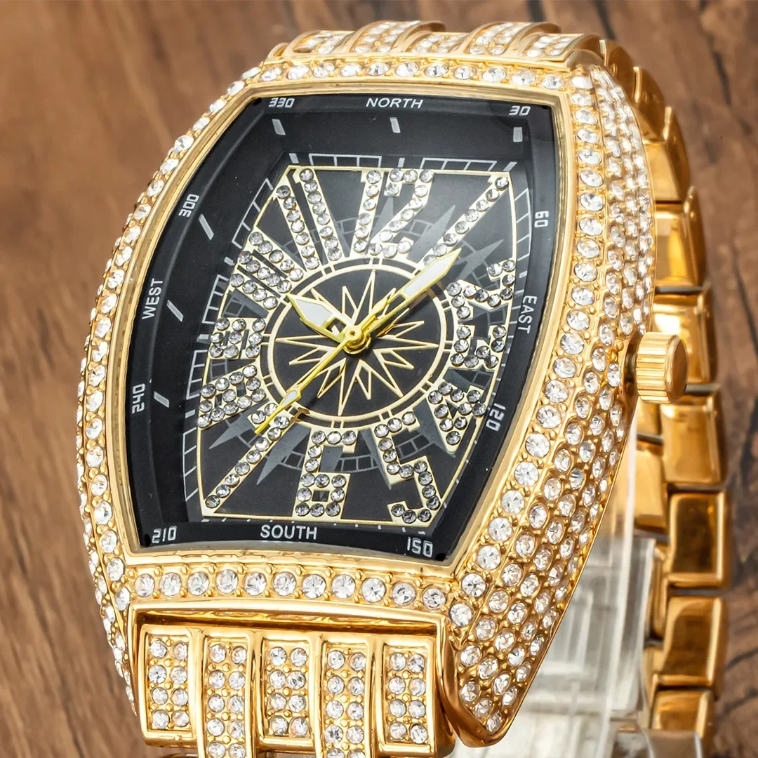 Unikatowy zegarek męski z Tonneau pełen Bling diamentowe zegarki męskie Hip Hop kwarcowy zegarek na rękę 18k Gold Relogios Masculino