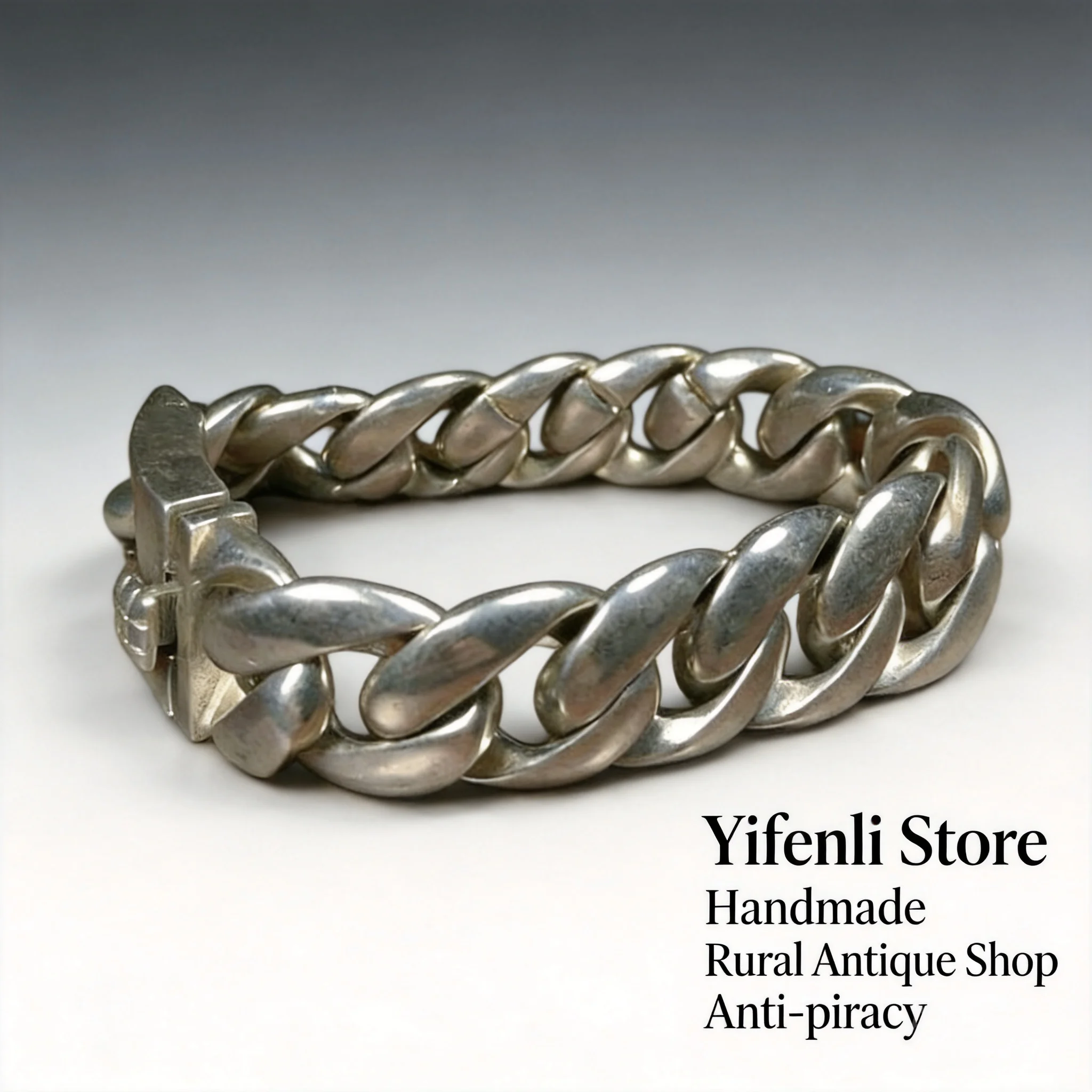 Chinese Style Good Luck Wealth Attracting Handmade Miao Silver Plated Vintage Cuban Chain Bracelet For Men Retro Blessing Amulet