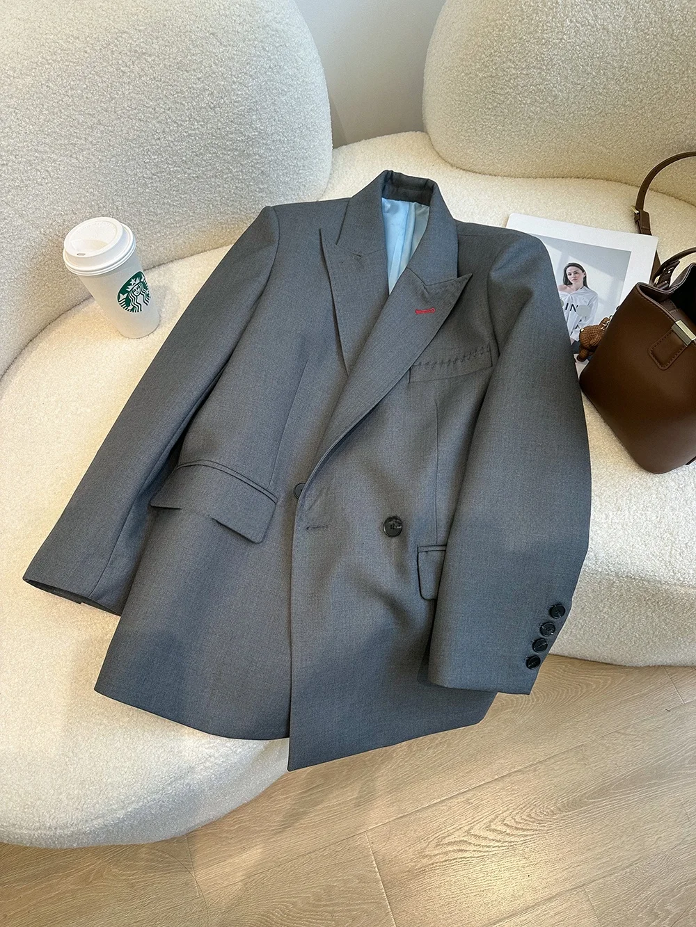 Gray Suit Jacket Women Loose Fashionable Korean Style Spring Casual Long Sleeve Classic Collar Slimming High-End Feeling