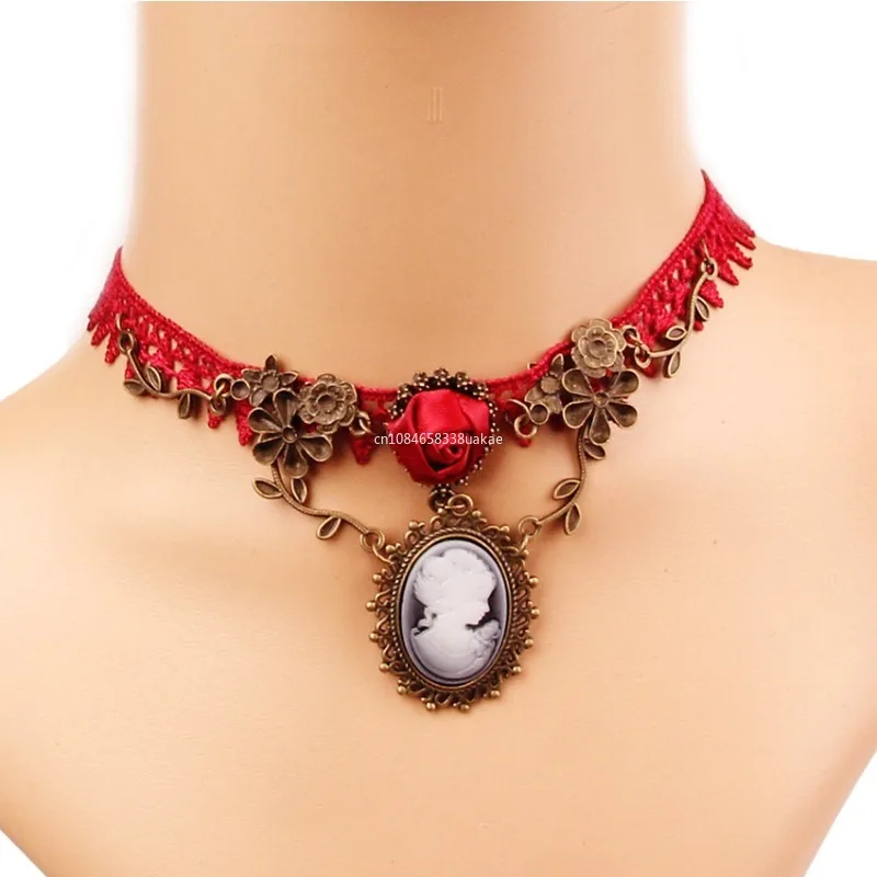 Bohemia Fashion Trends Neck Collar Vintage Jewelry Big Red Lace One Piece Beauty Avatar Necklace for Women Y2k Accessories