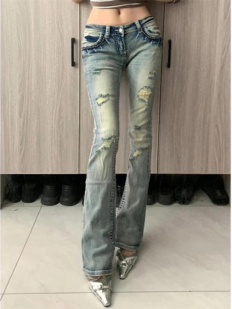 

Женская уличная одежда, расклешенные рваные джинсы с низкой талией, винтажные узкие джинсовые брюки Y2k Harajuku, узкие брюки в стиле гранж в стиле ретро