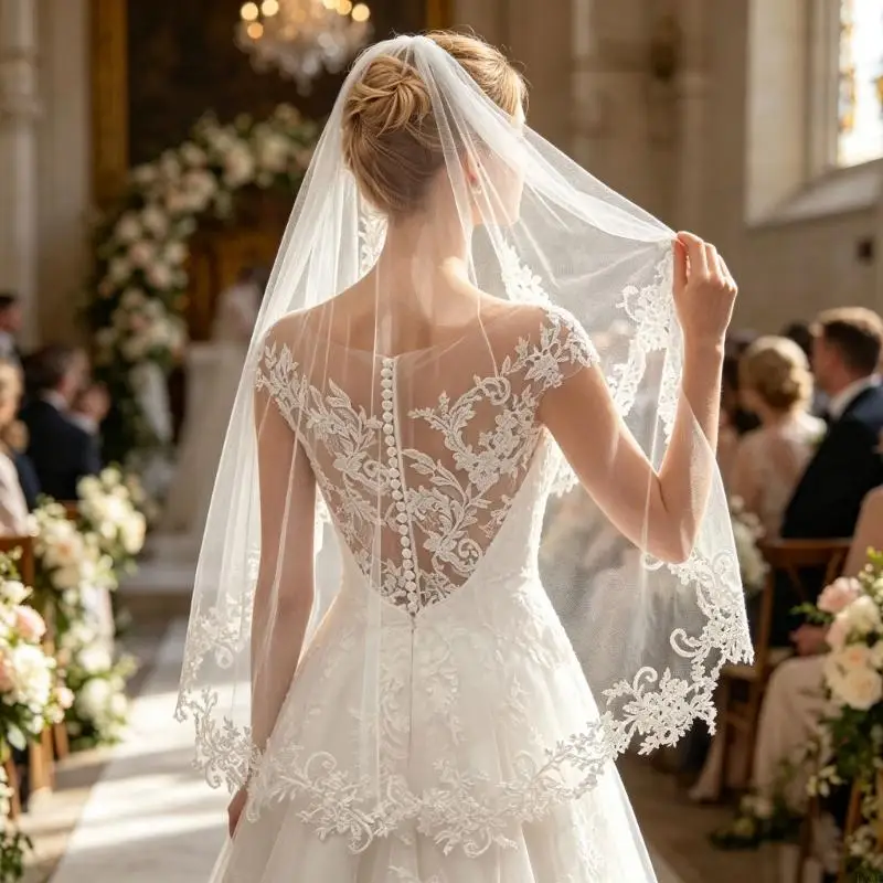  Elegant Single Layer Lace Bridal Veil with Applique Flower Decors Wedding Bridal Accessory Chapel Church Head Veil