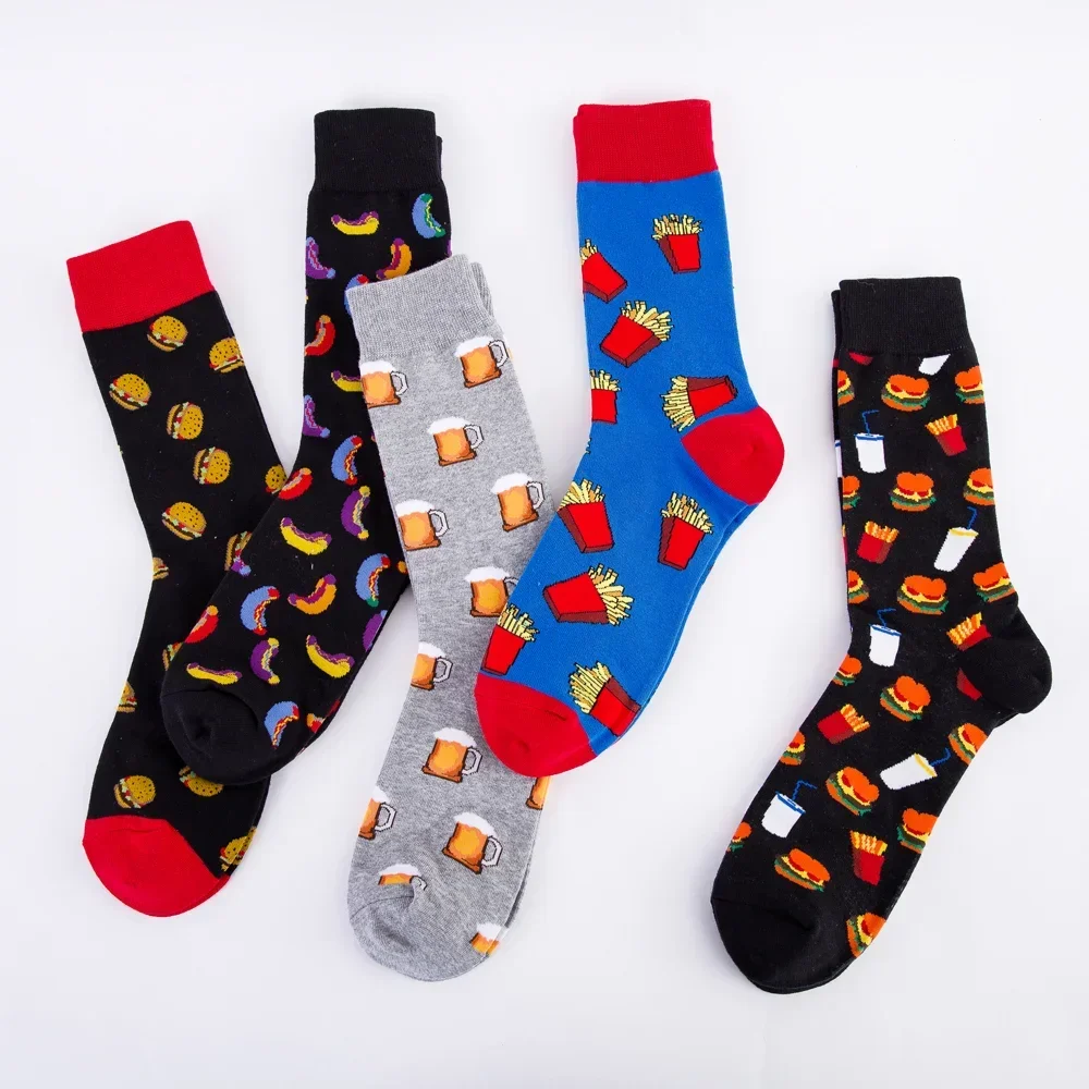 Bunte Hot Dog Hamburg Bier Muster Neuheit Crew Socken männer Lustige Lebensmittel Kawaii Sokken Kreative Casual Baumwolle Socken Für Männer
