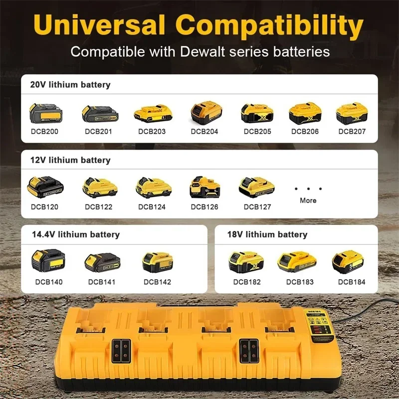 2A Charging Current Li-ion Battery Charger For Dewalt 10.8V 14.4V 18V 20V DCB200 DCB140 4 Port Rapid Charger With Dual USB